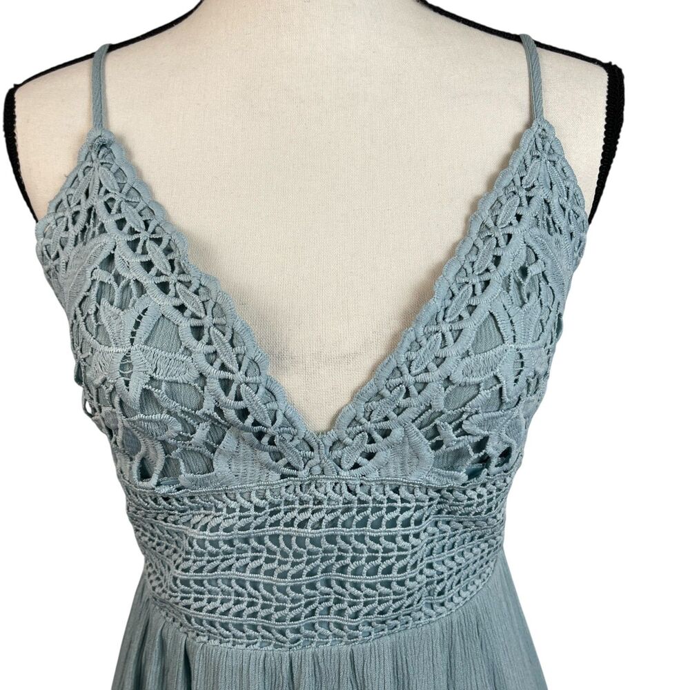 Ocean Drive Women's Mini Dress Large Blue Crochet Tie Back Sleeveless V-Neck NWT - Picture 2 of 10